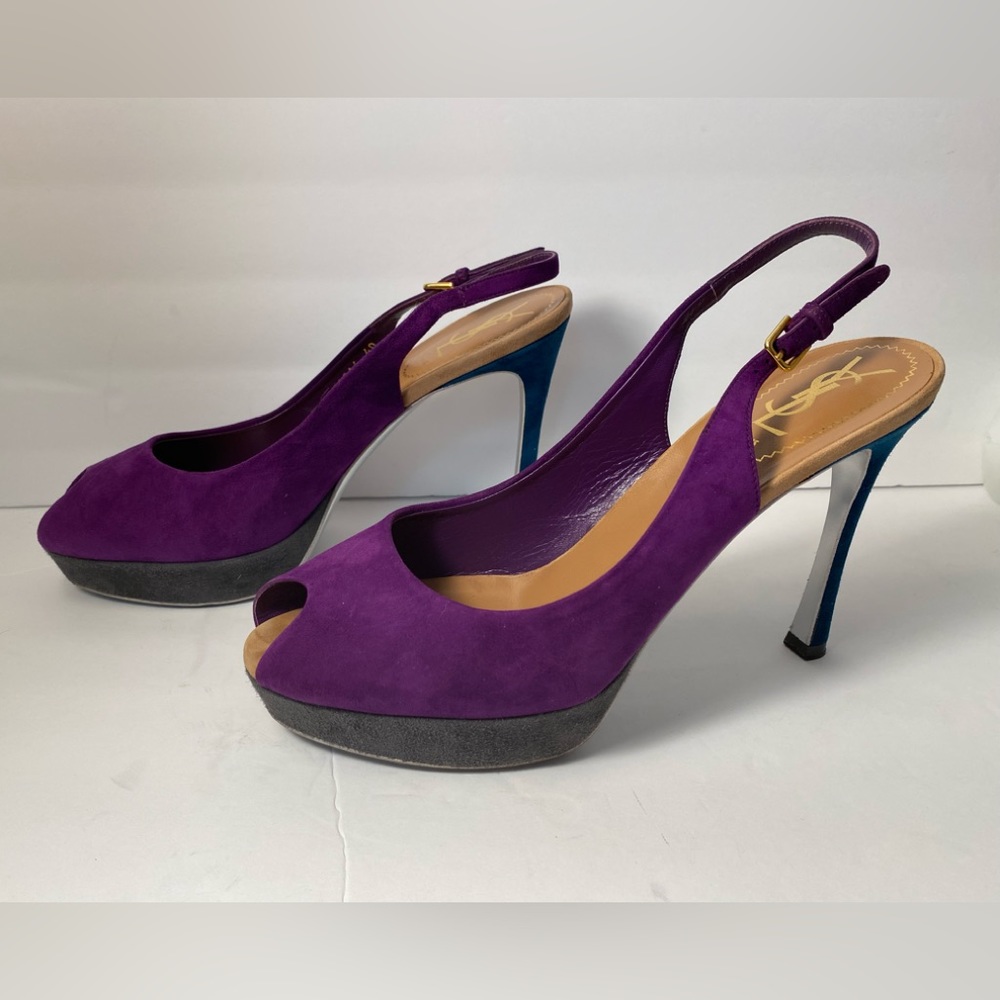YSL Yves Saint Laurent Suede Pumps Sandals Heels slingback purple 40 - Picture 5 of 11